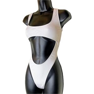 New White Ribbed Swimsuit Swim One Piece Cut Out Retro 90s Beach Hi Cut